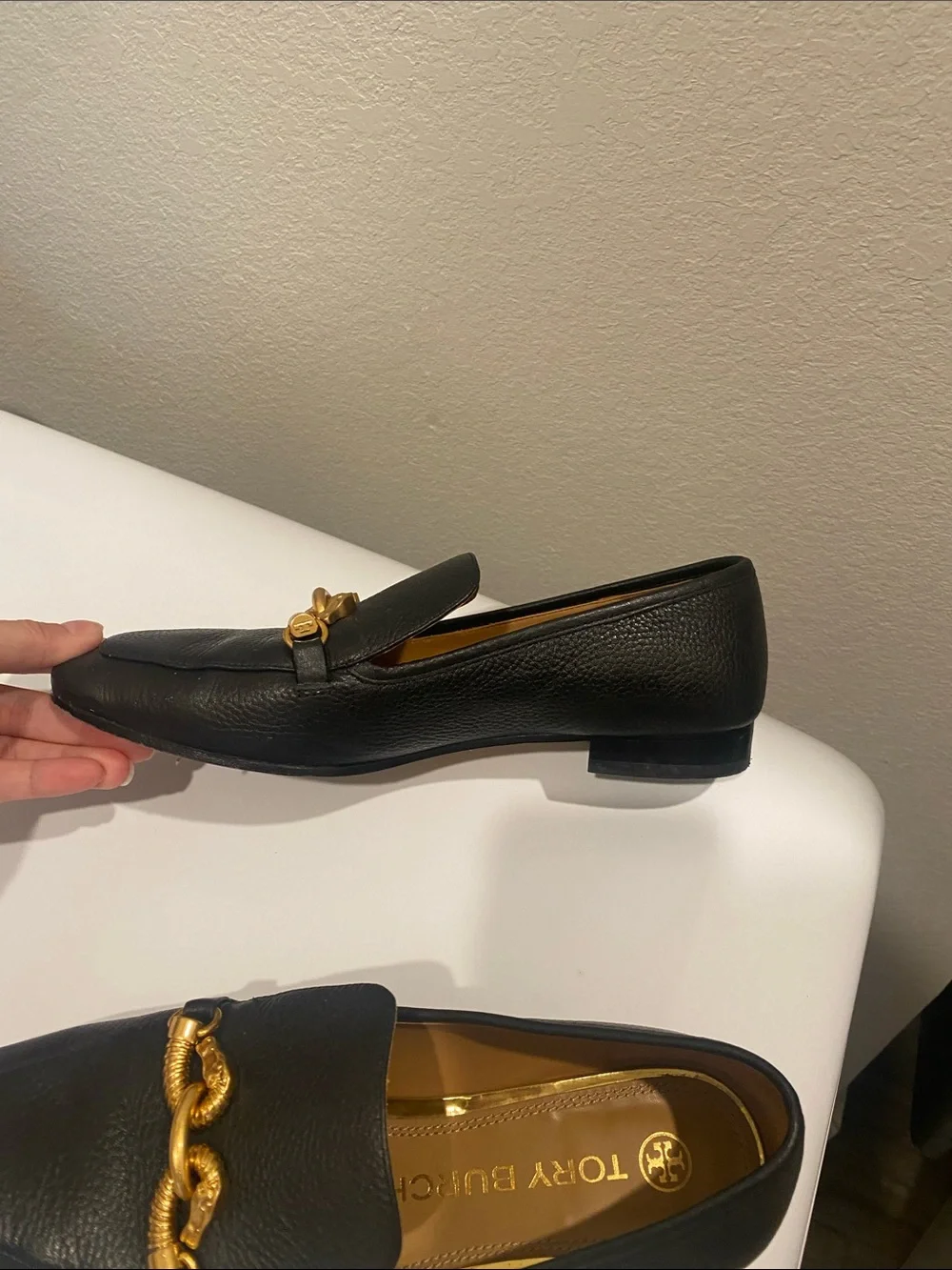 Tory Burch Black Leather Loafers with Gold Chain Hardware